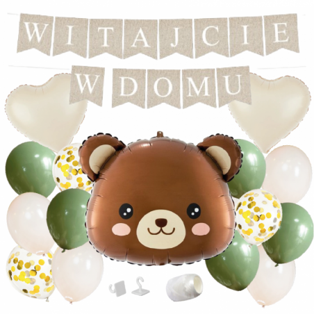 Box balonowy WITAJCIE W DOMU - boho - oliwka + miś głowa