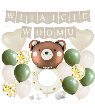 Box balonowy WITAJCIE W DOMU - boho - oliwka + grzechotka