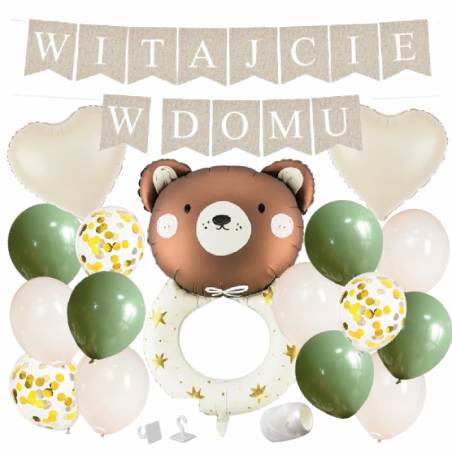 Box balonowy WITAJCIE W DOMU - boho - oliwka + grzechotka