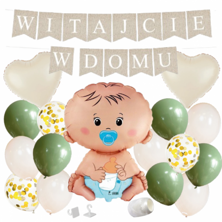 Box balonowy WITAJCIE W DOMU - boho - oliwka + bobas chłopiec