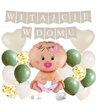 Box balonowy WITAJCIE W DOMU - boho - oliwka + bobas dziewczynka