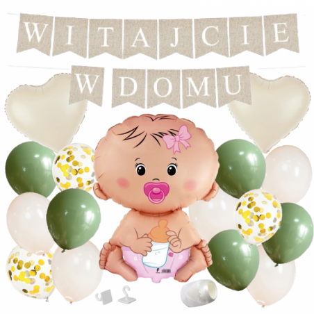 Box balonowy WITAJCIE W DOMU - boho - oliwka + bobas dziewczynka