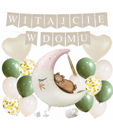 Box balonowy WITAJCIE W DOMU - boho - oliwka + księżyc różowy miś