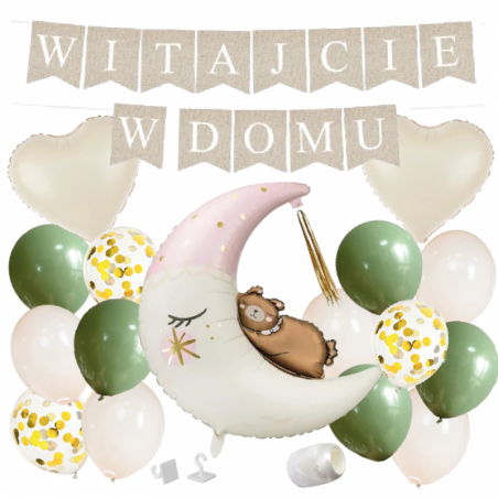 Box balonowy WITAJCIE W DOMU - boho - oliwka + księżyc różowy miś