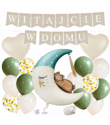 Box balonowy WITAJCIE W DOMU - boho - oliwka + księżyc niebieski miś
