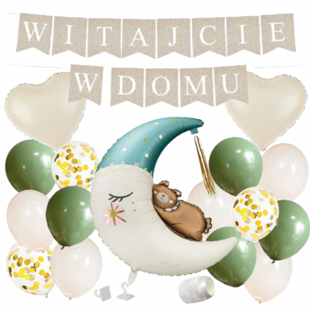 Box balonowy WITAJCIE W DOMU - boho - oliwka + księżyc niebieski miś