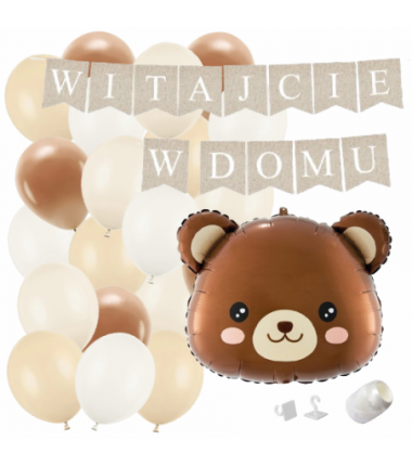 Box balonowy WITAJCIE W DOMU kraft - miś głowa + balony brązowe