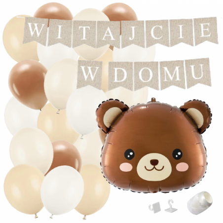 Box balonowy WITAJCIE W DOMU kraft - miś głowa + balony brązowe