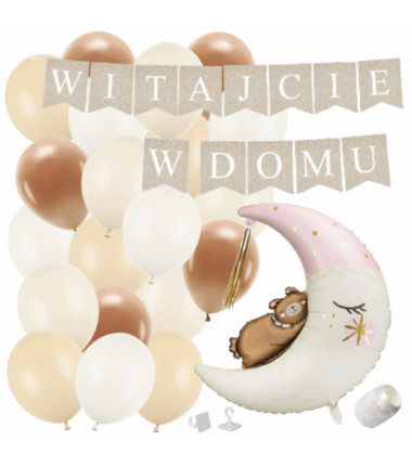 Box balonowy WITAJCIE W DOMU kraft - księżyc różowy + balony brązowe