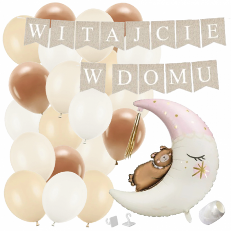 Box balonowy WITAJCIE W DOMU kraft - księżyc różowy + balony brązowe