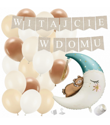 Box balonowy WITAJCIE W DOMU kraft - księżyc niebieski + balony brązowe