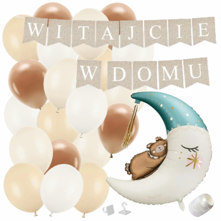 Box balonowy WITAJCIE W DOMU kraft - księżyc niebieski + balony brązowe