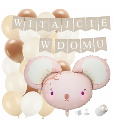 Box balonowy WITAJCIE W DOMU kraft - myszka + balony brązowe