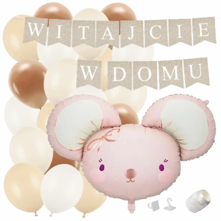 Box balonowy WITAJCIE W DOMU kraft - myszka + balony brązowe