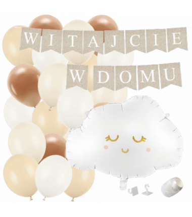 Box balonowy WITAJCIE W DOMU kraft - chmurka + balony brązowe