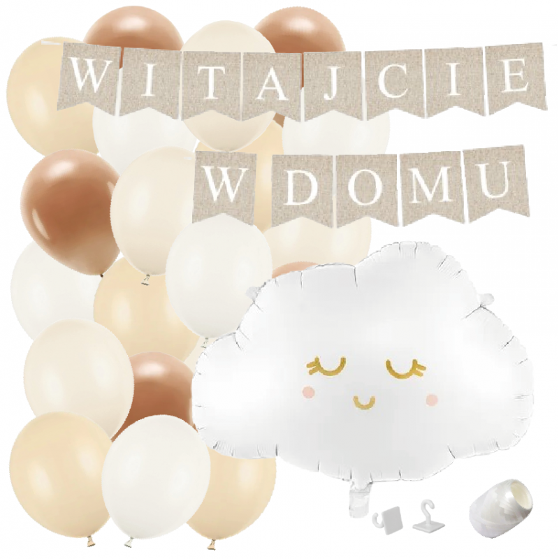 Box balonowy WITAJCIE W DOMU kraft - chmurka + balony brązowe