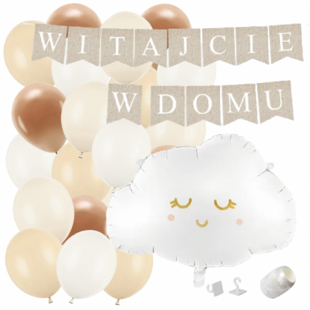 Box balonowy WITAJCIE W DOMU kraft - chmurka + balony brązowe