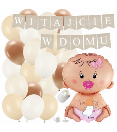 Box balonowy WITAJCIE W DOMU kraft - bobas różowy + balony brązowe