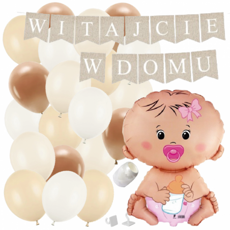 Box balonowy WITAJCIE W DOMU kraft - bobas różowy + balony brązowe