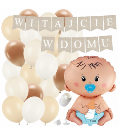 Box balonowy WITAJCIE W DOMU kraft - bobas niebieski + balony brązowe