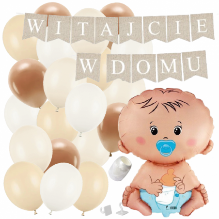 Box balonowy WITAJCIE W DOMU kraft - bobas niebieski + balony brązowe