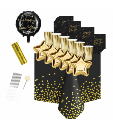 SYLWESTER - dekoracja czarno-złota na stół - złote kubeczki