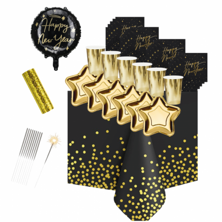 SYLWESTER - dekoracja czarno-złota na stół - złote kubeczki