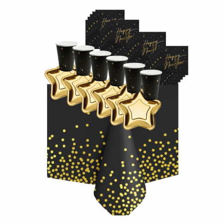 SYLWESTER - dekoracja czarno-złota na stół z obrusem