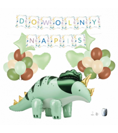 Zestaw balonów DINOZAUR ZIELONY + Girlanda DOWOLNY NAPIS