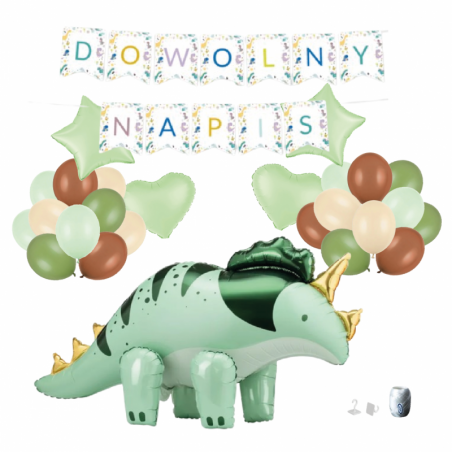 Zestaw balonów DINOZAUR ZIELONY + Girlanda DOWOLNY NAPIS