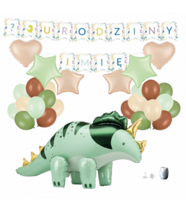 Zestaw balonów DINOZAUR ZIELONY + Girlanda ? URODZINY + IMIĘ (4 gwiazdki, 2 serca)