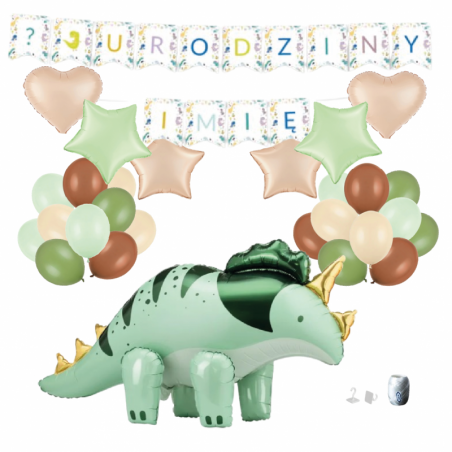 Zestaw balonów DINOZAUR ZIELONY + Girlanda ? URODZINY + IMIĘ (4 gwiazdki, 2 serca)