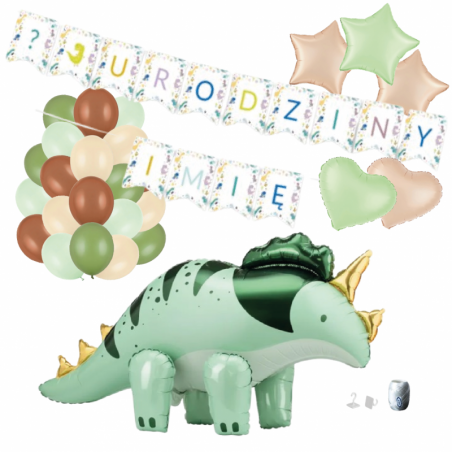 Zestaw balonów DINOZAUR ZIELONY + Girlanda ? URODZINY + IMIĘ (3 gwiazdki, 2 serca)