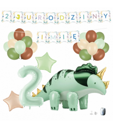 Zestaw balonów DINOZAUR ZIELONY + Girlanda 2 URODZINY + IMIĘ
