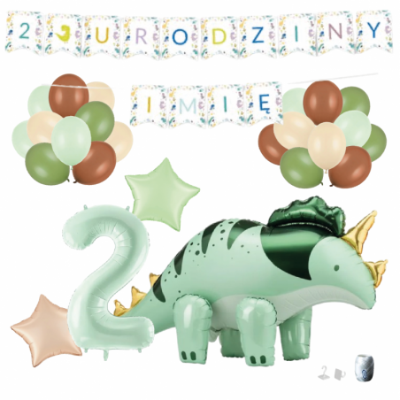 Zestaw balonów DINOZAUR ZIELONY + Girlanda 2 URODZINY + IMIĘ