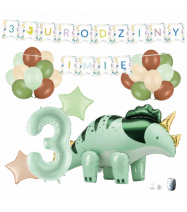 Zestaw balonów DINOZAUR ZIELONY + Girlanda 3 URODZINY + IMIĘ