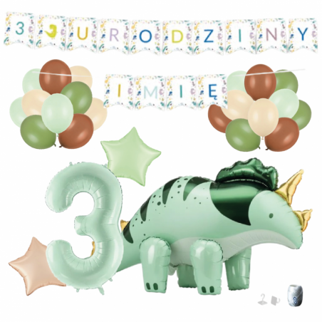 Zestaw balonów DINOZAUR ZIELONY + Girlanda 3 URODZINY + IMIĘ