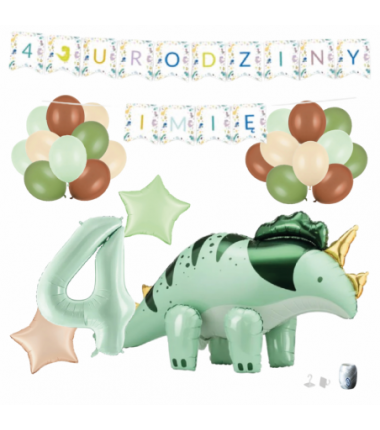 Zestaw balonów DINOZAUR ZIELONY + Girlanda 4 URODZINY + IMIĘ