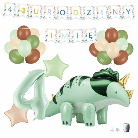 Zestaw balonów DINOZAUR ZIELONY + Girlanda 4 URODZINY + IMIĘ