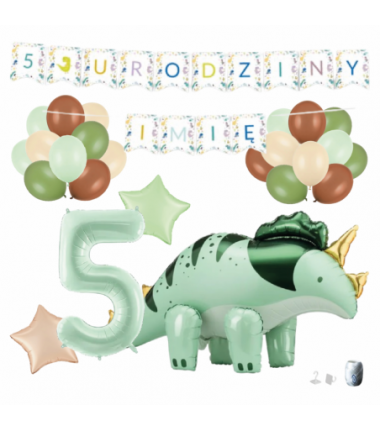 Zestaw balonów DINOZAUR ZIELONY + Girlanda 5 URODZINY + IMIĘ