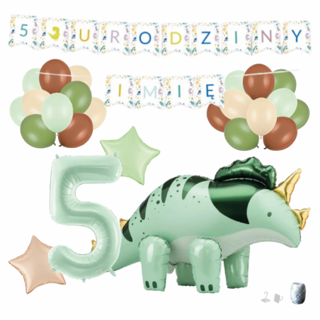 Zestaw balonów DINOZAUR ZIELONY + Girlanda 5 URODZINY + IMIĘ