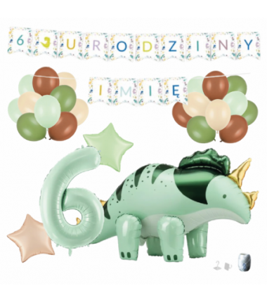 Zestaw balonów DINOZAUR ZIELONY + Girlanda 6 URODZINY + IMIĘ