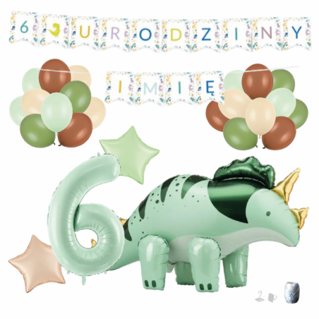 Zestaw balonów DINOZAUR ZIELONY + Girlanda 6 URODZINY + IMIĘ