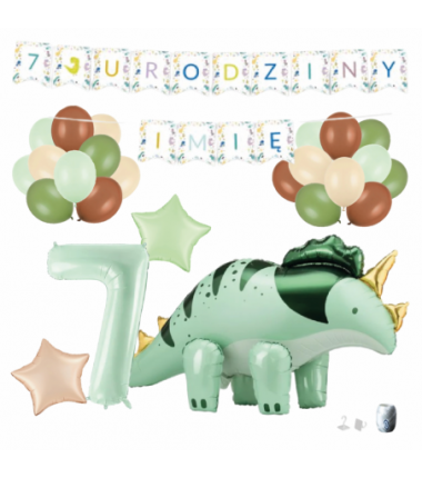 Zestaw balonów DINOZAUR ZIELONY + Girlanda 7 URODZINY + IMIĘ