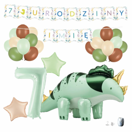 Zestaw balonów DINOZAUR ZIELONY + Girlanda 7 URODZINY + IMIĘ