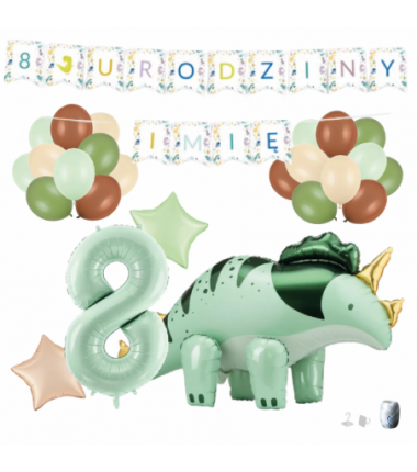 Zestaw balonów DINOZAUR ZIELONY + Girlanda 8 URODZINY + IMIĘ