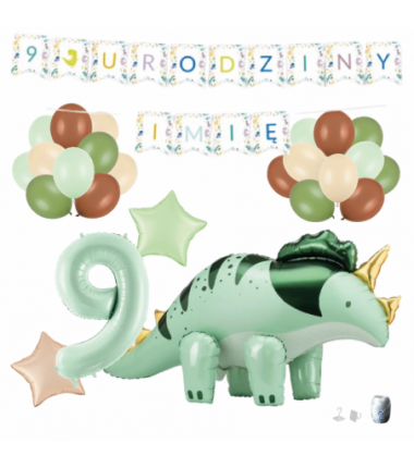 Zestaw balonów DINOZAUR ZIELONY + Girlanda 9 URODZINY + IMIĘ