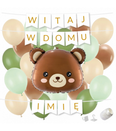 Box balonowy WITAJ W DOMU +IMIĘ - miś głowa + balony zielone