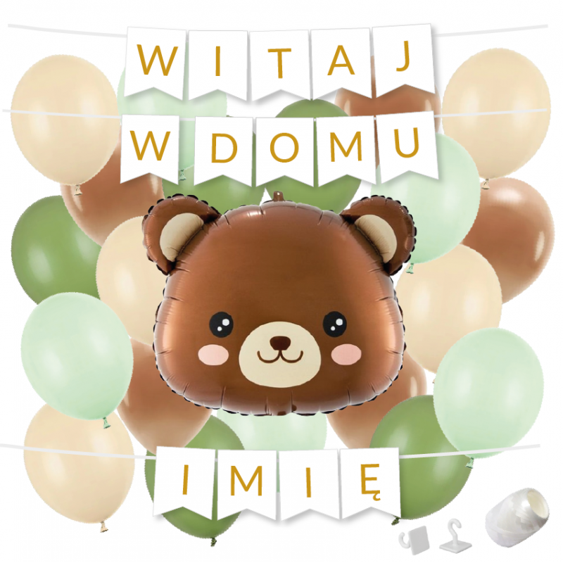 Box balonowy WITAJ W DOMU +IMIĘ - miś głowa + balony zielone