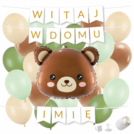Box balonowy WITAJ W DOMU +IMIĘ - miś głowa + balony zielone